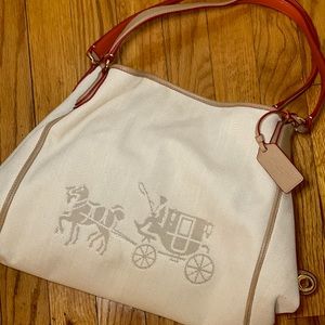 COACH horse & carriage 3 sectional cream bag w/orange